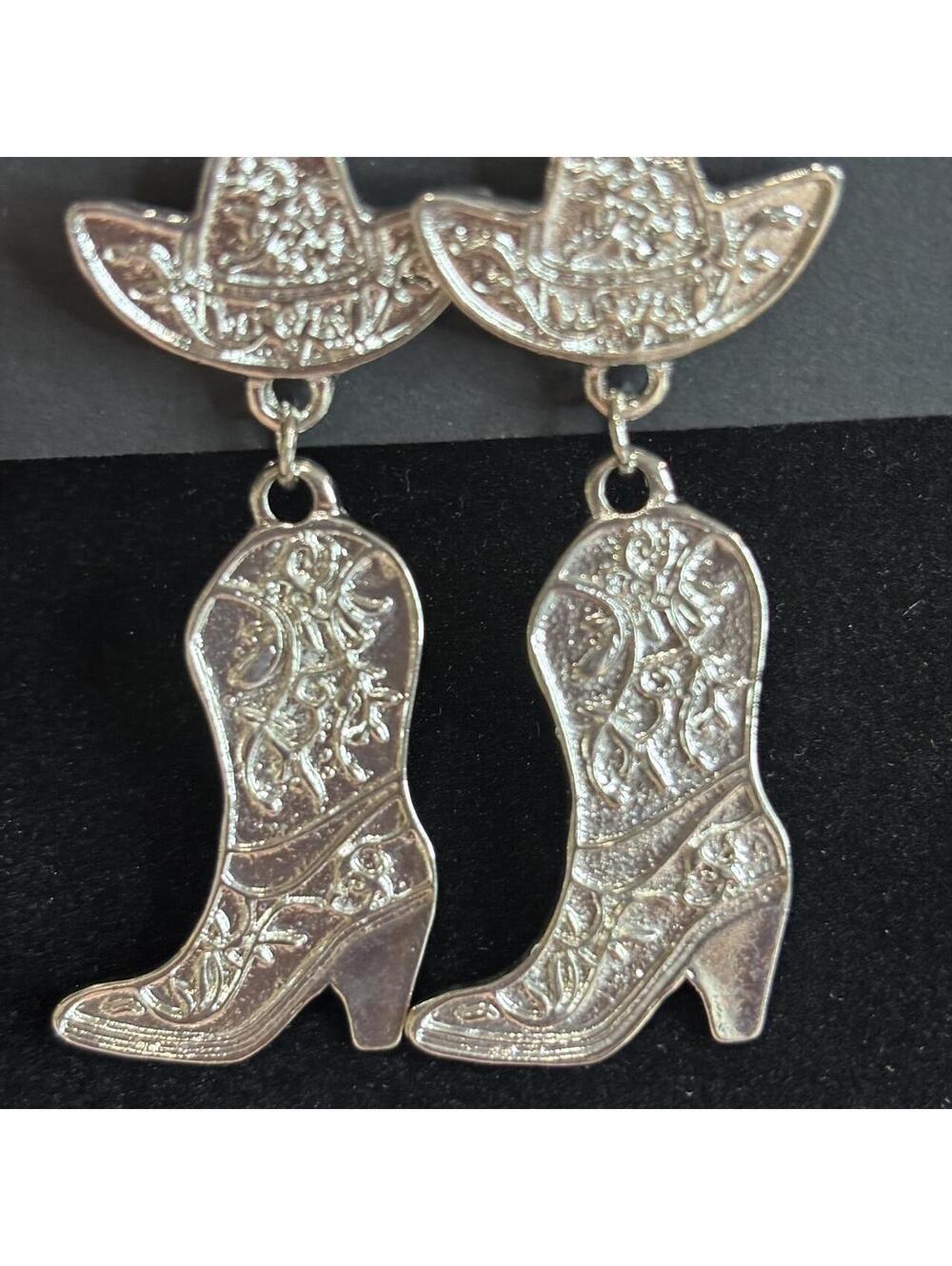 Vintage Silver Tone Western Cowboy Boot Earrings